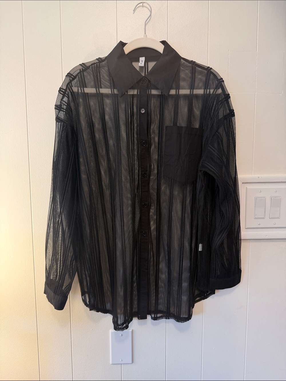 Women's Black Sheer Button-Down Shirt with Chest Pocket